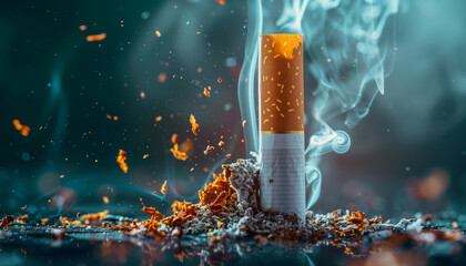 Extinguished cigarette with smoke and embers on a textured surface, symbolizing smoking cessation, concept for the World No-Tobacco Day - obrazy, fototapety, plakaty