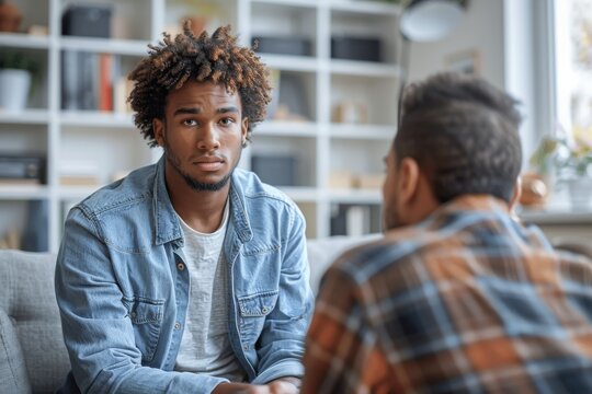 Two Men Sit Facing Each Other, One With An Attentive And Concerned Expression, Indicative Of A Serious Conversation