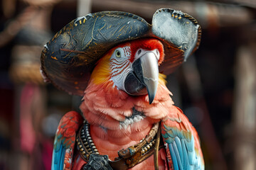 Vivid Scarlet Macaw parrot adorned with a pirate hat and jacket, a whimsical blend of wildlife and...