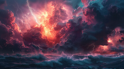 Dramatic apocalyptic scene with thunderstorm lighting up a tumultuous ocean, invoking awe and fear with its power.. - obrazy, fototapety, plakaty