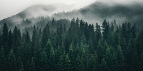 a fog-shrouded forest creates an eerie atmosphere. - obrazy, fototapety, plakaty