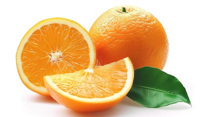 Isolated image of a delicious orange fruit accompanied by a slice and green leaves, set against a...