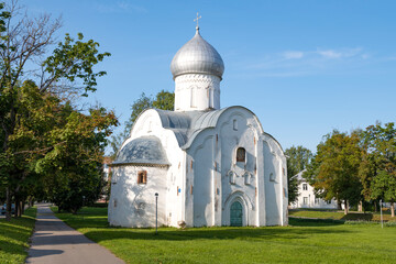 View of the old church of St. Vlasius (1407) on a sunny June morning. Veliky Novgorod, Russia - obrazy, fototapety, plakaty