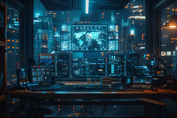A high-tech control room with multiple screens and advanced user interfaces, set against a backdrop of a neon-lit cityscape at night..