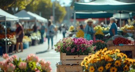 Urban farmer's market bustling with people, where local produce and flowers bring color and life to the concrete surroundings.