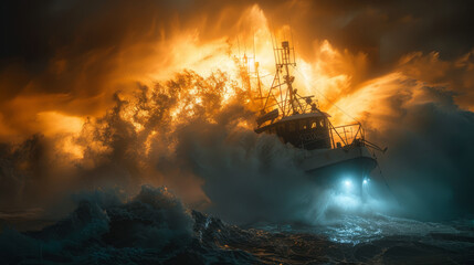 A fishing boat faces the formidable power of nature, cutting through towering stormy waves under a tumultuous sky.. - obrazy, fototapety, plakaty