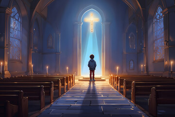 Little christian boy standing alone in the church altar, light rays coming through the window - obrazy, fototapety, plakaty