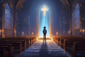 Fotobehang Little christian boy standing alone in the church altar, light rays coming through the window © DigitalCanvas