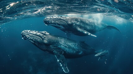 Two humpback whales swimming in the ocean - obrazy, fototapety, plakaty