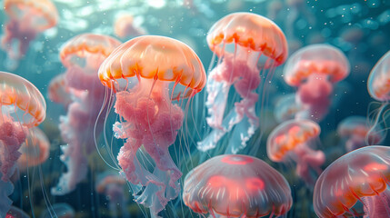 A mesmerizing swarm of ethereal jellyfish, with delicate pink hues, floats gracefully in the tranquil blue waters of the ocean..