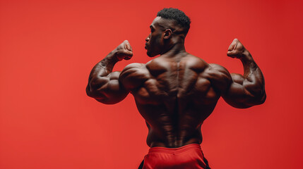 Fototapeta na wymiar Back view of strong bodybuilder flexing biceps and arm muscles. Athletic sportsman showing results of workout in gym. Isolated on Corel studio background. Concept of strength and bodybuilding