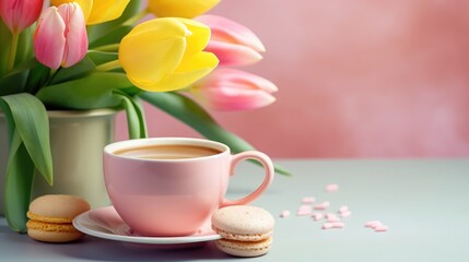 Fototapeta na wymiar A cup of coffee, pink tasty doughnut and yellow tulip flowers, celebration concept. Birthday concept. Copy space for text, free space for text