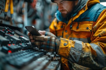 Fototapeta premium An intricate view of a male worker using a smartphone amidst the complex controls of technical machinery