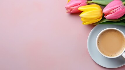 A cup of coffee, pink tasty doughnut and yellow tulip flowers, celebration concept. Birthday concept. Copy space for text, free space for text