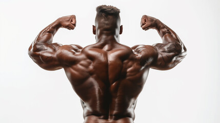 Fototapeta premium Back view of strong bodybuilder flexing biceps and arm muscles. Athletic sportsman showing results of workout in gym. Isolated on white studio background. Concept of strength and bodybuilding.