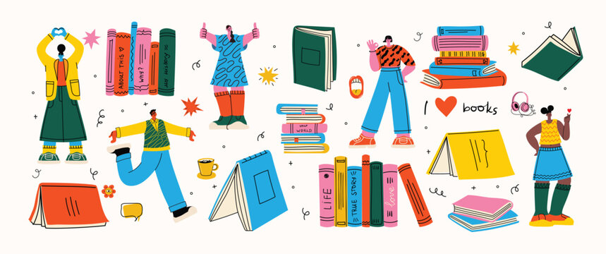 Book concepts set. Happy readers reading books and flying, laying , sitting everywhere. Flat trendy retro vector illustrations isolated on white background
