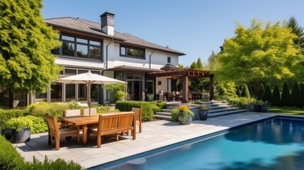 Obraz premium Mediterranean inspired villa with a sprawling garden and a private beach access in the exclusive Hamptons, New York