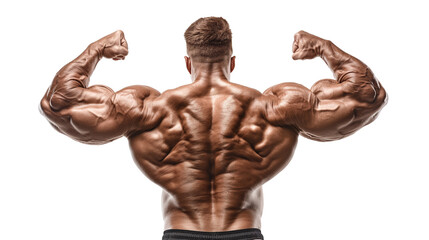 Back view of strong bodybuilder flexing biceps and arm muscles. Athletic sportsman showing results of workout in gym. Isolated on white studio background. Concept of strength and bodybuilding.