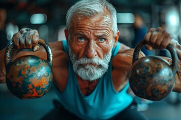 A mature, silver-haired athlete lifting kettlebells with determination and concentration