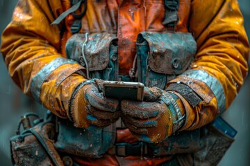 A worker in protective gear is holding a smartphone, possibly taking a break or coordinating a task