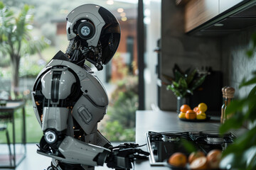 A futuristic robot chef preparing a meal with fresh vegetables in a steamy, modern kitchen environment.