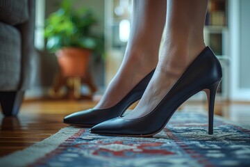 A close-up shot showcasing stylish black stiletto heels adding elegance to a woman's attire on an ornate rug - obrazy, fototapety, plakaty