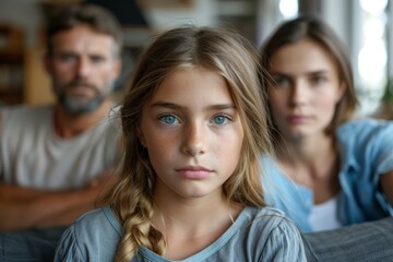 Intense blue-eyed girl staring at the camera with family members in the blurred background