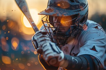 An intense moment as a baseball player with a blurred face swings at a ball during a sunset game, showing action and energy - obrazy, fototapety, plakaty