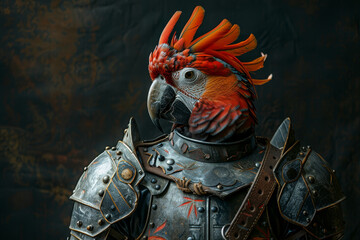 A vibrant Scarlet Macaw parrot donning an intricately designed medieval armor, showcasing a blend...