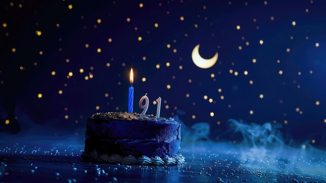 Birthday cake number 91 stars sky and moon concept, blue candle is fire by lighter. Copy space on right side of screen