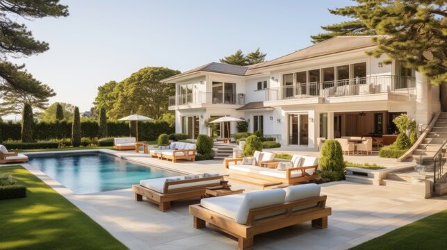 Mediterranean inspired villa with a sprawling garden and a private beach access in the exclusive Hamptons, New York