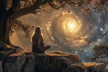 A woman sits in solitude, gazing at the mesmerizing spiral galaxy unfolding before her, evoking wonder and the vastness of the cosmos..