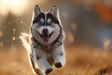 An energetic Siberian Husky running towards the camera with a playful owner chasing behind on a sunny winter day.