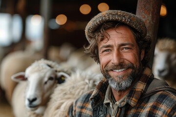 Handsome man with a rustic style hat and plaid shirt gives a friendly smile inside a barn with sheep
