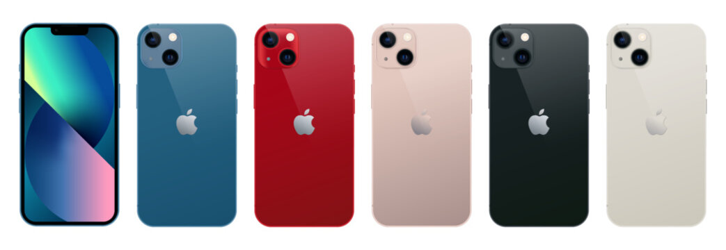 Set of Smart phone Apple iPhone 13 in front and back sides, in official colors, on transparent background. Realistic vector illustration