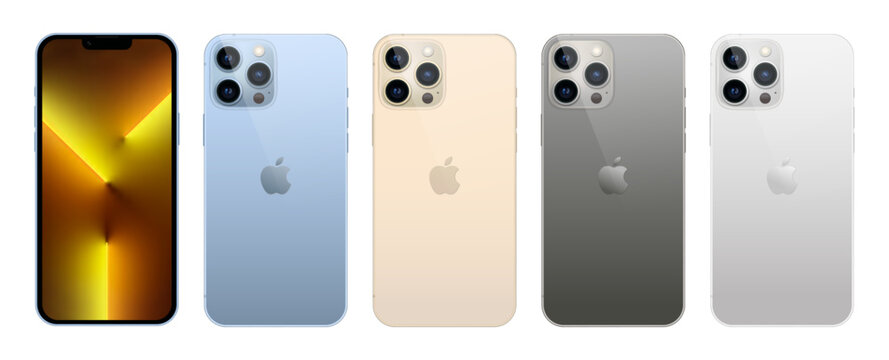 Set of Smart phone Apple iPhone 13 Pro in front and back sides, in official colors, on transparent background. Realistic vector illustration