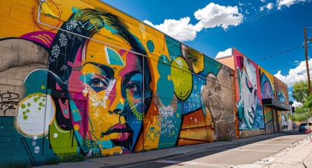 Urban street art mural vibrant with colors and social messages, adding character and voice to the...