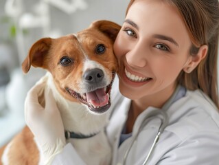 A smiling veterinarian examining a dog's teeth in a bright examination room