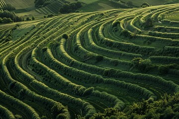 A large field of grass forms intricate maze-like patterns, creating a visually striking agricultural landscape
