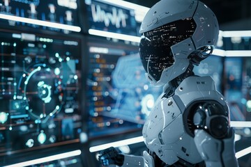 A futuristic robot stands in front of a display of advanced technology, interacting with a digital interface