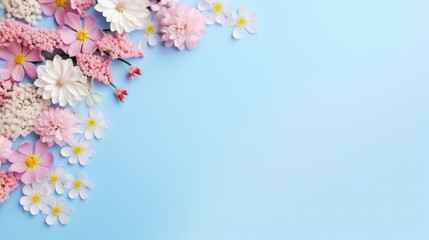 Obraz premium Closeup beautiful flowers in pastel colors on a blue background. Greeting card, Mom`s day, wedding invitation, birthday .Copy space