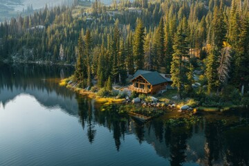 A cabin nestled on a small island in the middle of a lake, surrounded by water under clear skies - Powered by Adobe
