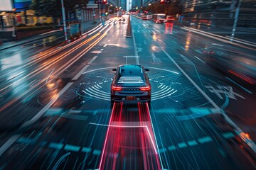 A self-driving car equipped with sensors autonomously drives down a city street illuminated by the...