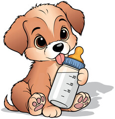 Sitting Cute Puppy with Baby Bottle - Colored Cartoon Illustration Isolated on White Background, Vector