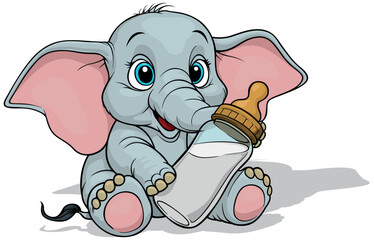 Sitting Baby Elephant with Baby Bottle - Colored Cartoon Illustration Isolated on White Background, Vector