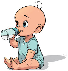 Cartoon Newborn Holding a Baby Bottle and Sitting on the Ground - Colored Illustration Isolated on White Background, Vector