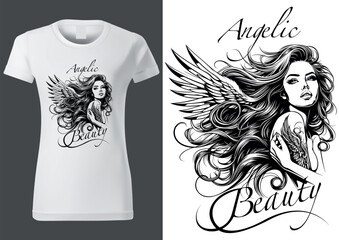 Angelic Beauty as a Motif with a Beautiful Girl with Long Hair for Textile Print - Black and White Illustration, Vector - 774226597
