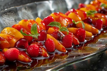 Vibrant plate of caramelized fruit on a table with glossy caramel, showcasing a delicious and...