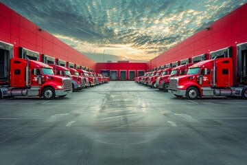 A fleet of red semi trucks parked in front of a building at a distribution center, with drivers loading cargo - obrazy, fototapety, plakaty