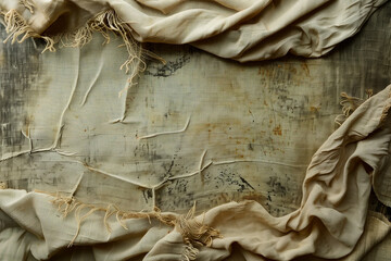 Old, dirty grunge wall with folded fabric, vintage background with copy space